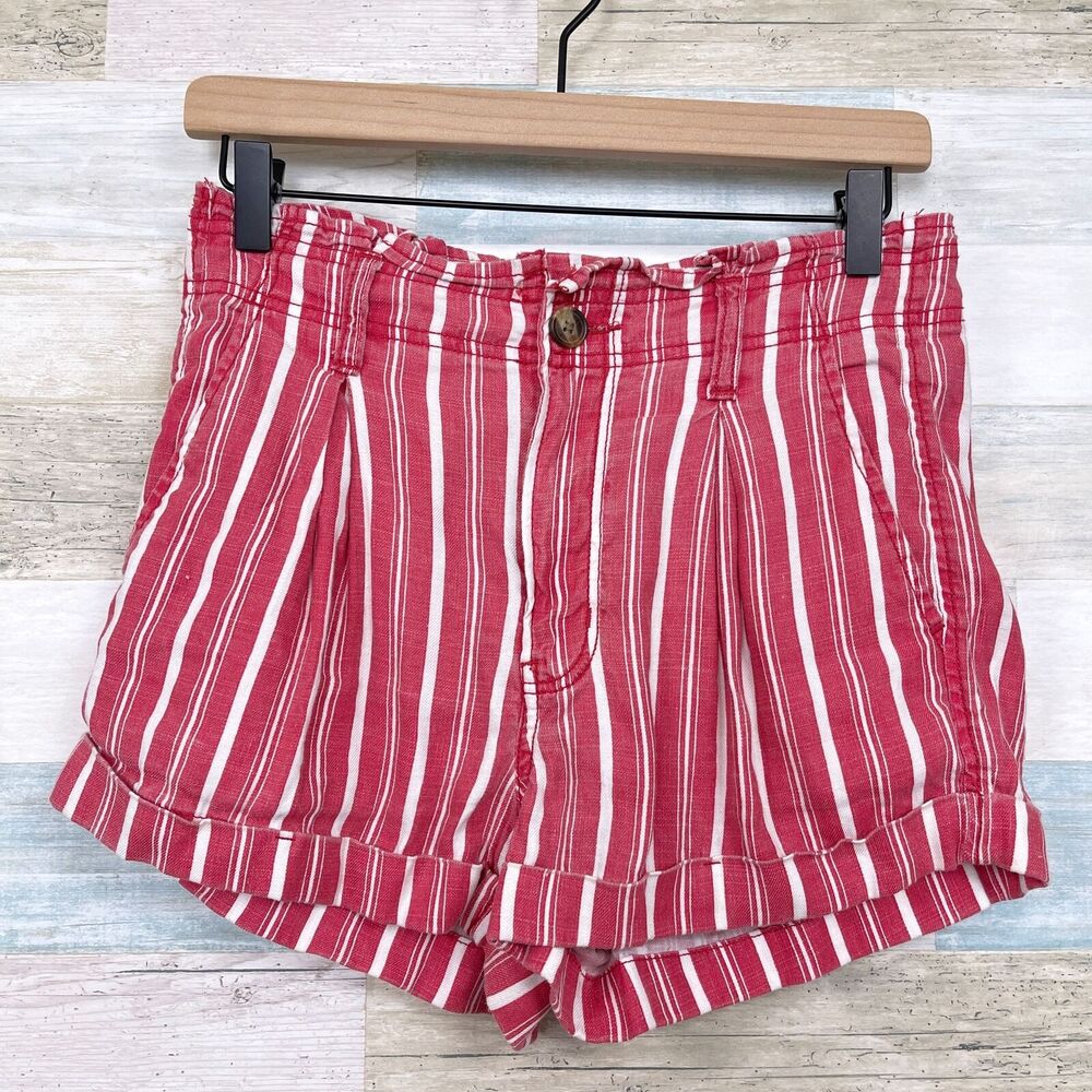 American Eagle Linen Striped Paperbag Shorts Red White High Rise Cuffed Womens 2